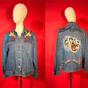 Signature Eight Denim Jacket with Tiger and Bird Los Angeles Embroidered Design